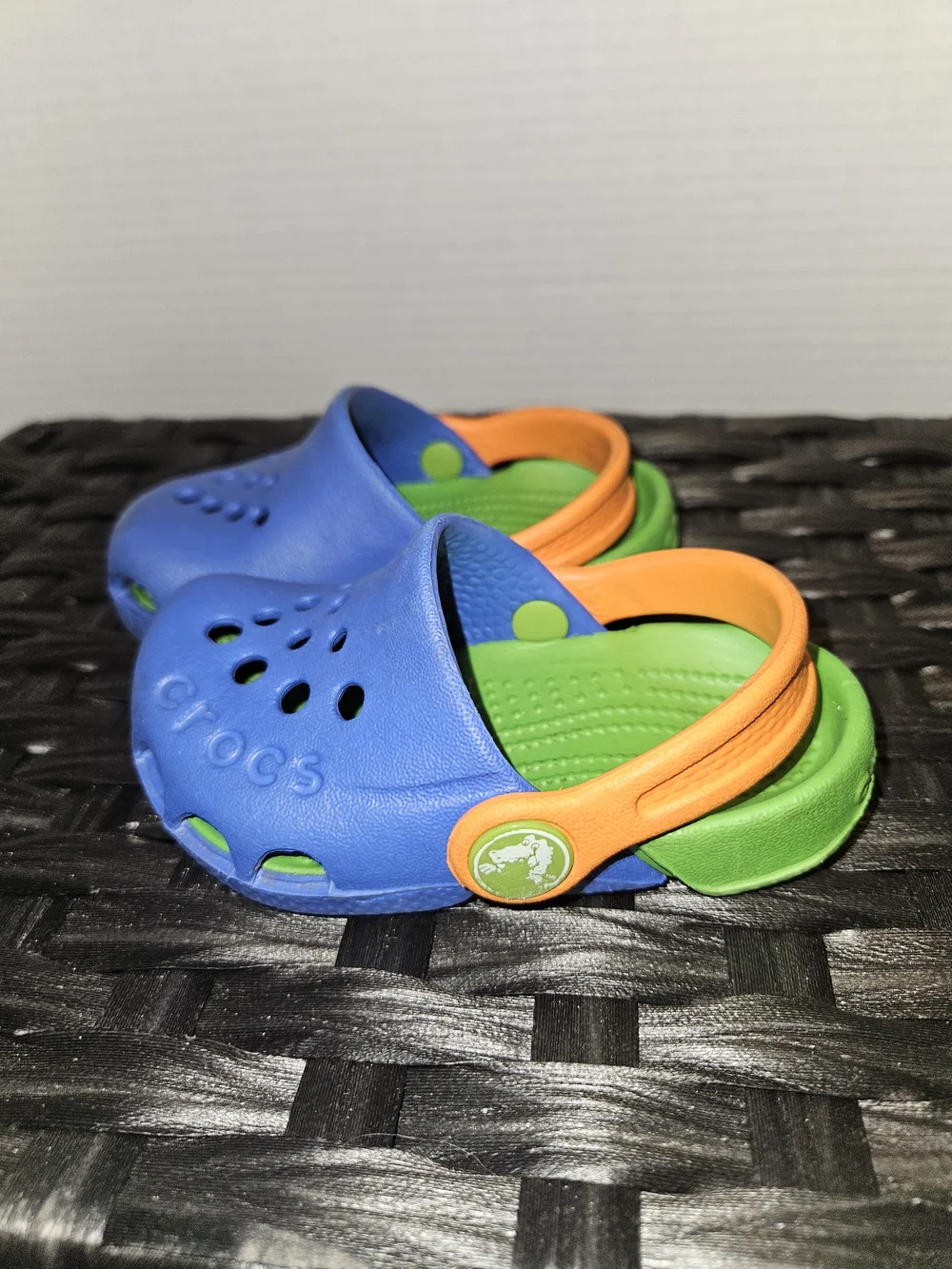 CROCS Kids Clog in Blue with Orange Strap and Green Footbed